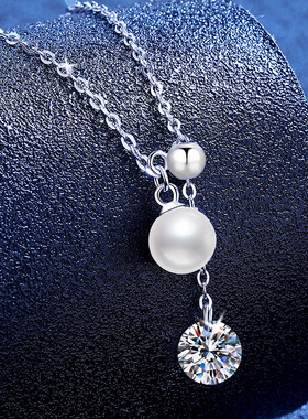 纯银珍珠莫桑钻吊坠项链锁骨链