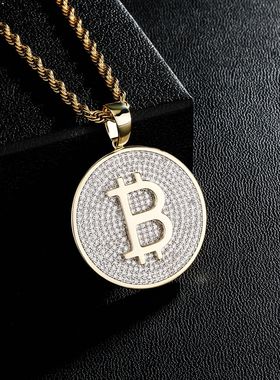 比特币图案满钻圆盘吊坠项链