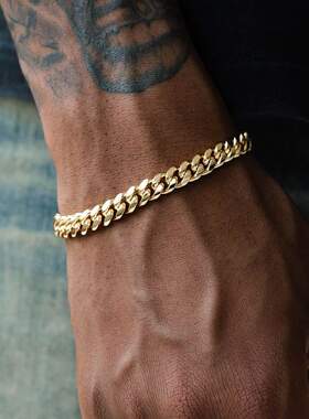 ICE BLING 镀18K金金色钛钢古巴手链欧美美式男士6MM细金手链