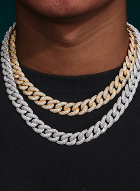 ICE BLING 高品质14MM泡泡密钻满钻锆石古巴链 超闪4排钻嘻哈说唱