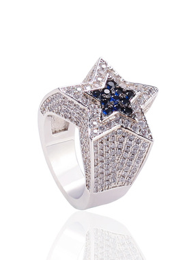 ICE BLING 五角星蓝色拼色锆石满钻戒指 欧美ins嘻哈个性指环男士