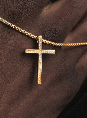 ICE BLING 美式镶钻小十字架项链男士锆石满钻吊坠锁骨链金色纯银