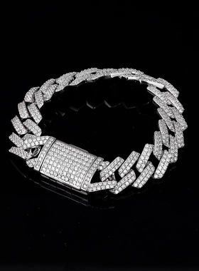 ICE BLING 14MMS925纯银不掉色菱形古巴手链 男士个性百搭古巴链