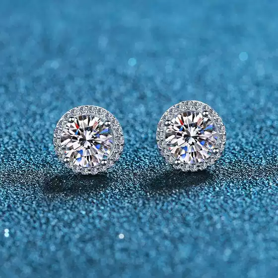 Ice Bling Round Rock Sugar One-Carat Moissanite Full Diamond Stud Earrings, Light Luxury Niche Design, Simple Sterling Silver