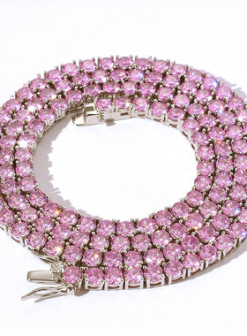 ICE BLING 4MM粉色锆石项链女 嘻哈钻石满钻网球链 锁骨链彩色