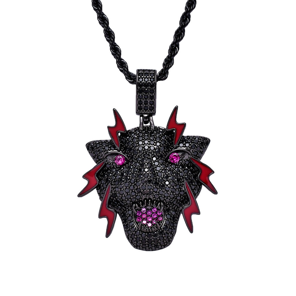 ice bling 黑豹吊坠项链 欧美个性小众设计黑色豹子头视频黑钻