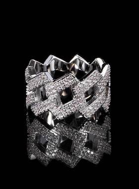 ICE BLING 14MM满钻锆石古巴戒指  大牌菱形嘻哈风街头超闪男女