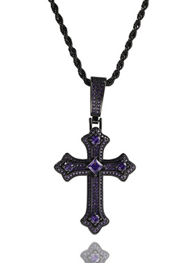 ICE BLING 紫色黑金十字架吊坠项链 欧美复嘻哈锆石镶嵌小众