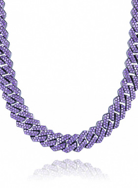 ICE BLING 14MM紫色锆石菱形古巴链 黑金彩色嘻哈欧美项链男