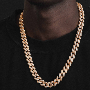 ICE BLING 金色双排镶钻古巴链男士镀金菱形项链欧美INS朝拜项链