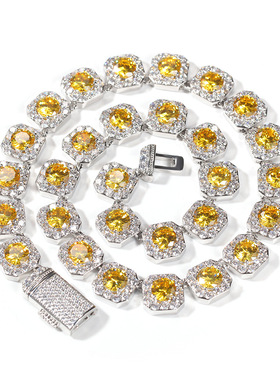 ICE BLING 13MM黄色锆石满钻冰糖项链 欧美个性小众设计粉钻项链