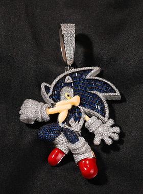 ICE BLING 卡通人物刺猬索尼克锆石满钻吊坠项链 嘻哈个性吊坠