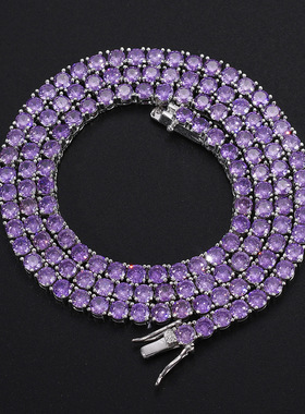 ICE BLING 4MM紫色网球链 欧美嘻哈一排钻钻石锆石项链男女款独特