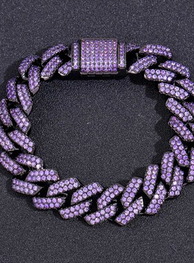 ICE BLING 紫色黑金暗紫色菱形古巴手链 嘻哈个性小众设计古巴链