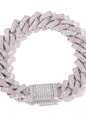ICE BLING 粉色拼色14MM菱形古巴手链 浅粉色嘻哈潮流街头HIPHOP