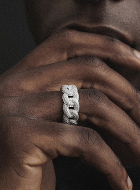 ICE BLING猪鼻子镶满钻密钻全钻古巴链戒指男女嘻哈个性小众