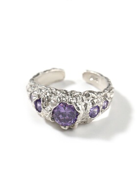 ICE BLING 纯银紫色锆石开口戒指 原创设计不规则熔岩嘻哈个性潮