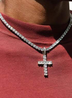 ICE BLING 锆石满钻实心十字架项链男女 嘻哈时尚个性吊坠饰品潮