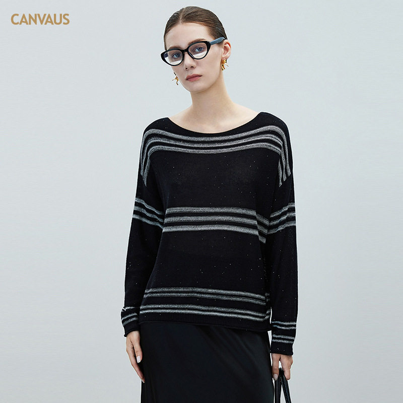 CANVAUS秋冬新款女装时尚休闲风一字领条纹毛针织衫宽松长袖上衣
