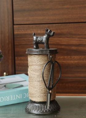 北欧复古铸铁麻绳架小狗线轴摆件家居酒柜玄关桌面装饰含麻绳收纳