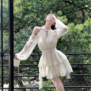 法式白色长袖连衣裙女秋季2025新款高级感气质收腰小个子仙女短裙