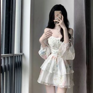 法式一字肩长袖碎花连衣裙女春秋小个子高级感气质收腰仙女蓬蓬裙