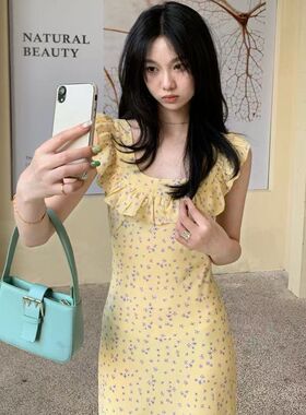 法式复古碎花连衣裙气质花木度假耳边方领中长款荷叶裙子夏季女夏