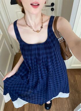 蓝色格子无袖连衣裙法式文艺风森系复古小清新度假吊带背心长裙