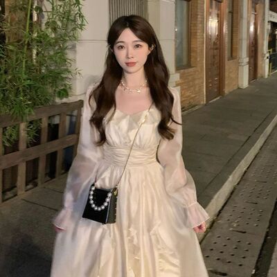 秋冬小香风白色荷叶边小个子长裙