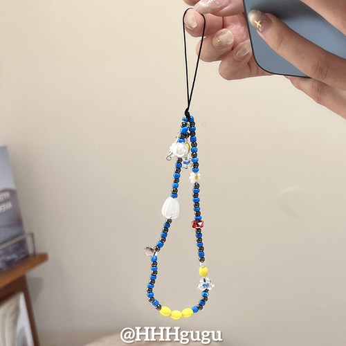 HHHgugu手机链条学生简约黄蓝串珠花朵ccd短挂绳包包手机链钥匙扣