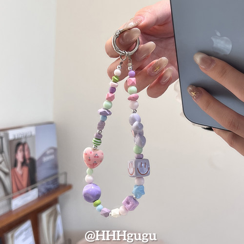 HHHgugu手机链条学生ins简约紫花方块笑脸ccd短挂绳包包手机链