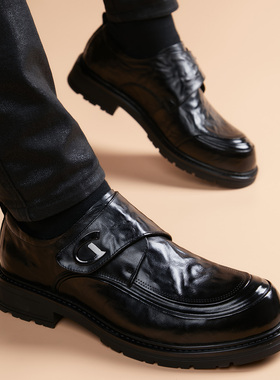 新款正装皮鞋男士真皮厚底商务休闲鞋高级感头层牛皮一脚蹬孟克鞋