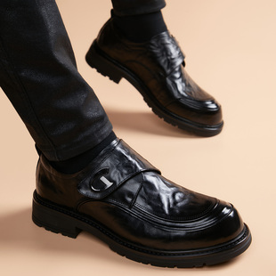 新款正装皮鞋男士真皮厚底商务休闲鞋高级感头层牛皮一脚蹬孟克鞋