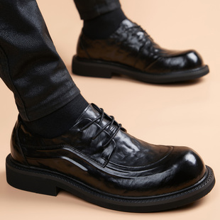 大头皮鞋男款2025新款休闲英伦透气真皮商务正装厚底圆头德比鞋子