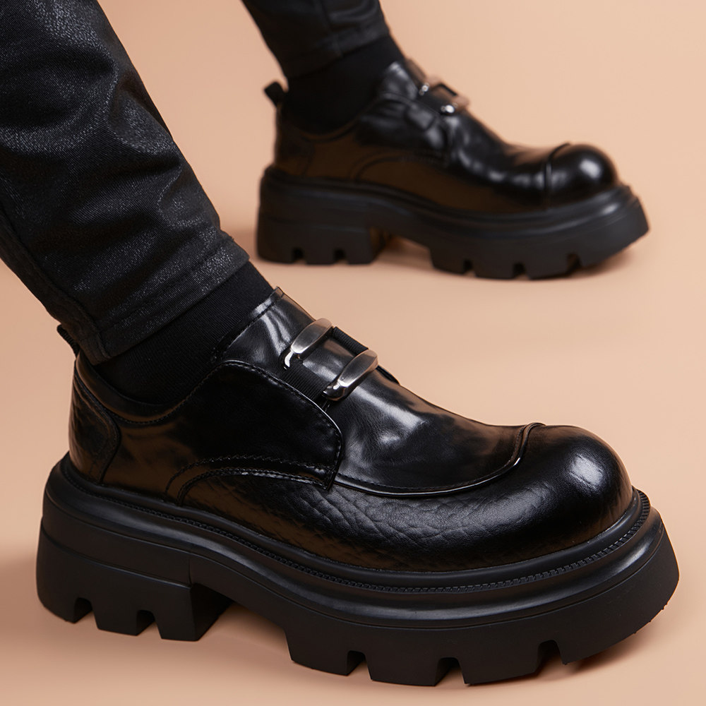 轻便发泡厚底休闲皮鞋男2026新款真皮商务增高英伦一脚蹬乐福鞋子