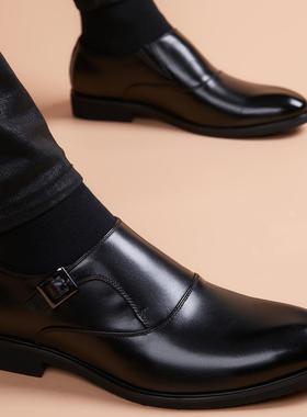 男士一脚蹬正装皮鞋男款真皮商务新郎结婚鞋单搭扣头层牛皮孟克鞋