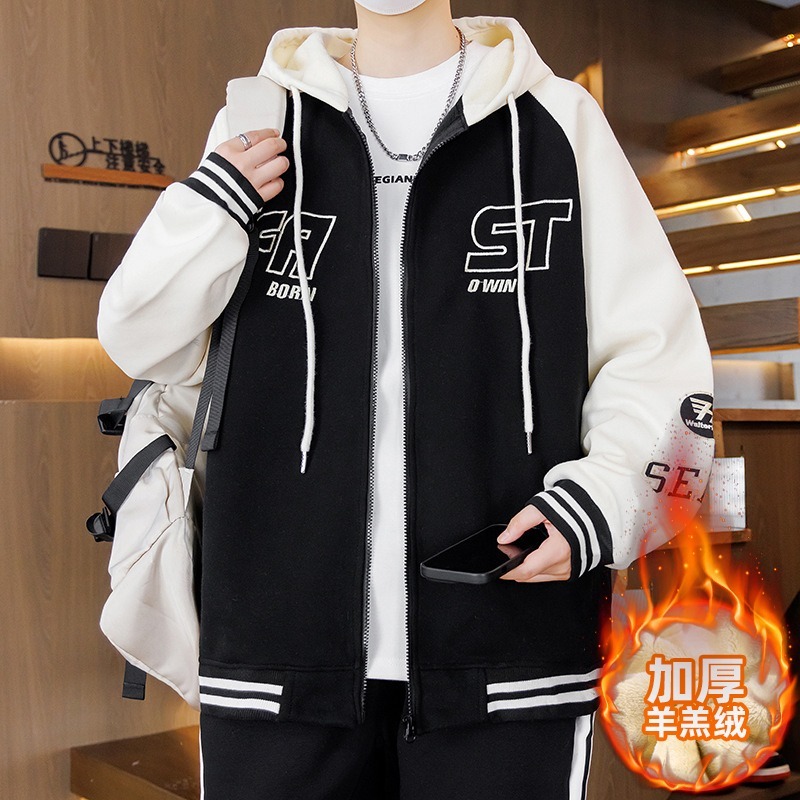 秋冬季加绒加厚棒球服外套男连帽