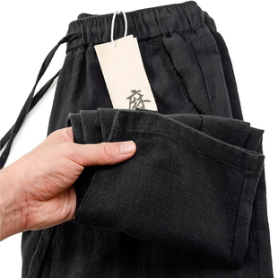 复古凉感夏款棉麻裤子男直筒宽松百搭休闲裤长裤透气运动系绳裤子