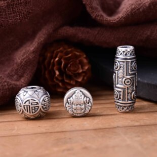 S999足银黄财神福字天珠隔珠 复古民族风DIY手工编绳文玩饰品配件