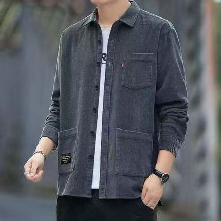 @沸点马胤男装春季灯芯绒衬衫男士宽松翻领夹克外套复古长袖衬a7