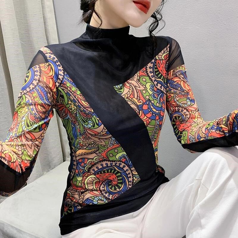 春夏时尚洋气长袖高领网纱t恤女上衣