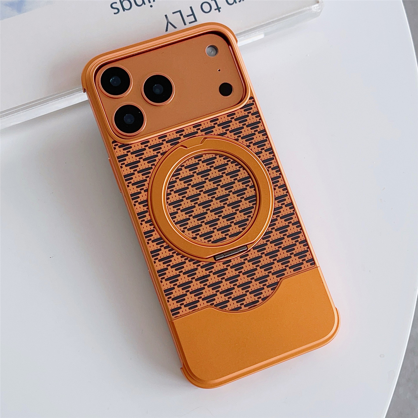 适用于iPhone苹果17金属16胡桃木15铝合金14碳纤维13手机壳Pro推拉MAX磁吸充电支架无边框皮质实木皮革压纹