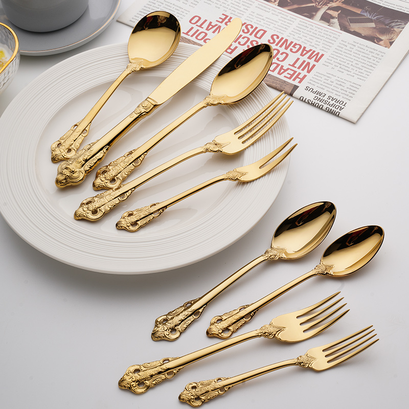 北欧宫廷浮雕金色刀叉套装