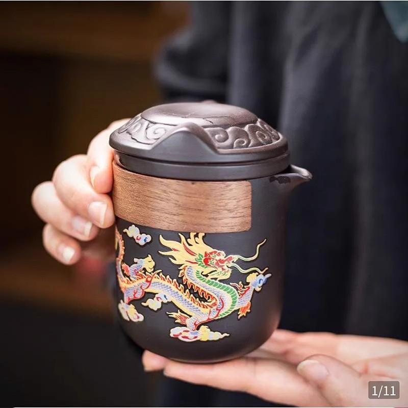 南屏紫砂壶专卖店龙凤呈祥遇热水变色一体分茶器旅行功夫茶具套装