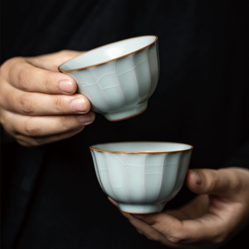 台湾丰子汝窑/葵花杯2入/开片可养汝瓷主人杯天青手工瓷