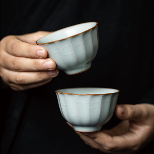 台湾丰子汝窑/葵花杯2入/开片可养汝瓷主人杯天青手工瓷
