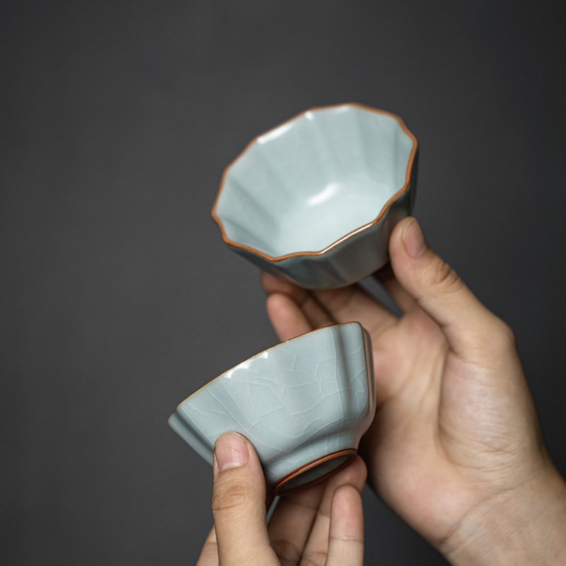 台湾丰子汝窑/牡丹杯2入开片可养汝瓷主人杯天青手工陶瓷