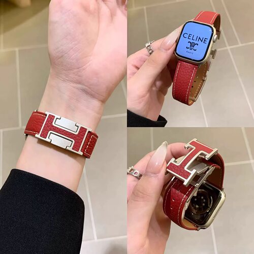 新款磁吸H扣荔枝纹真皮表带男女适用AppleWatch89se苹果s10高级感