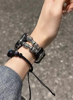 民族风适用苹果iwatch10金属串珠新中式拼真皮se456小米9pro手环8