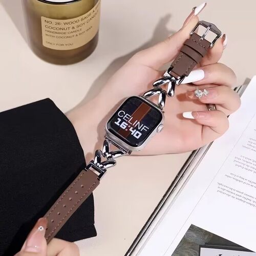 适用苹果iwatchs10手表带树叶金属链条拼真皮小米9pro红米watch45